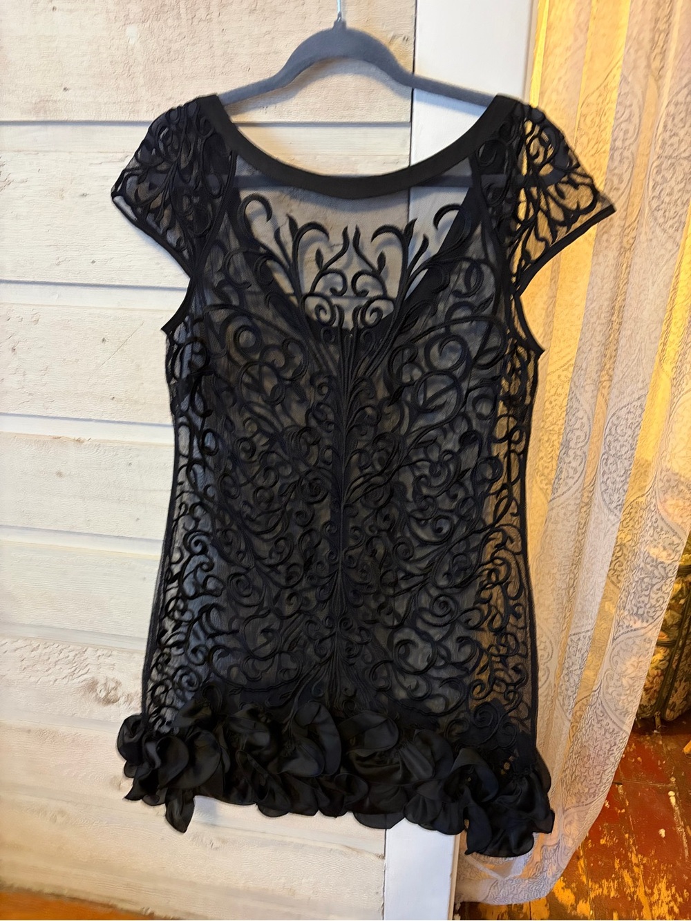 Guess Black Embroidered Sheer Overlay Top with Ruffle Hem